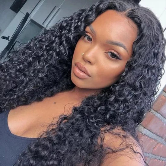 18-20 Inch 5"x5" HD Glueless Closure Wig Deep Wavy #1B 180% Density Brazilian Virgin Hair