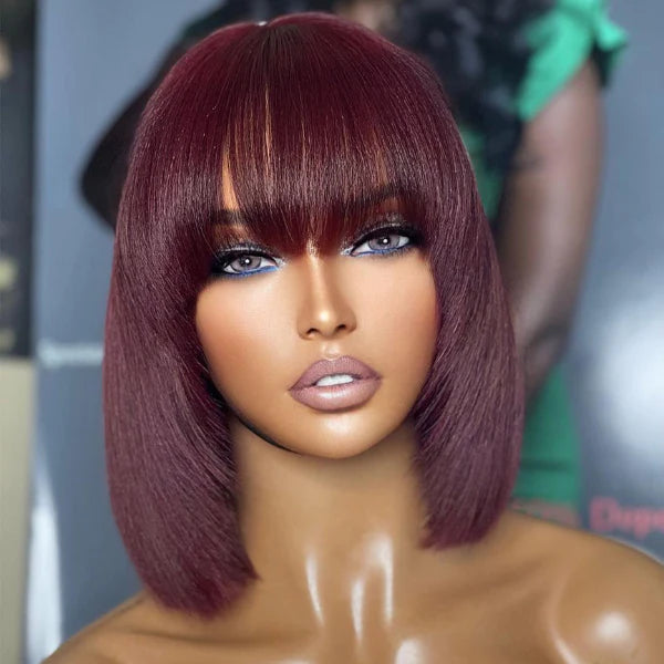 10 Inch Reddish Purple Layered Cut Yaki Straight #99J Lace Bob Wig With Bangs