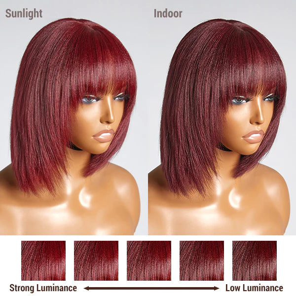 10 Inch Reddish Purple Layered Cut Yaki Straight #99J Lace Bob Wig With Bangs