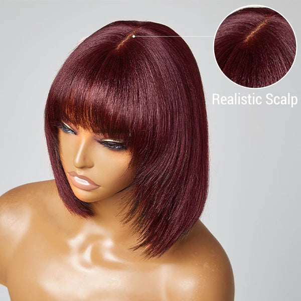 10 Inch Reddish Purple Layered Cut Yaki Straight #99J Lace Bob Wig With Bangs